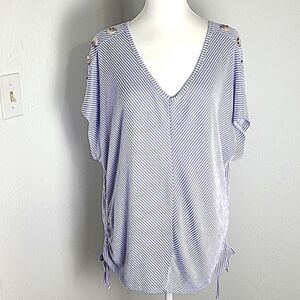 French Laundry Blue & White Pinstripe Top Buttons on Shoulders & Ruching…